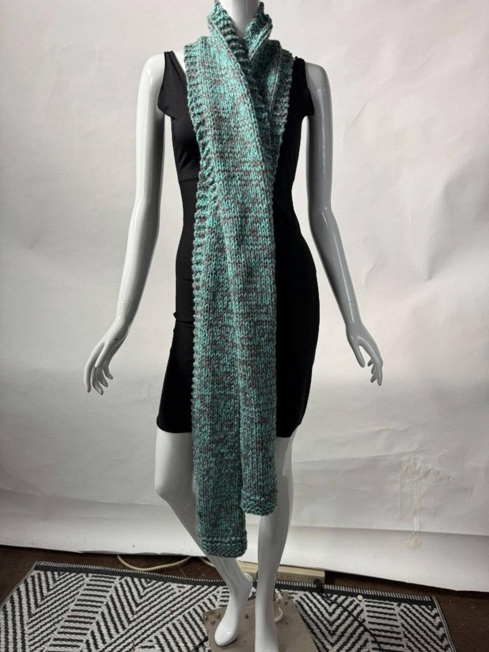 Hand-Knitted Teal & Gray Long Scarf Soft Acrylic Blend Warm Winter Accessory Coz